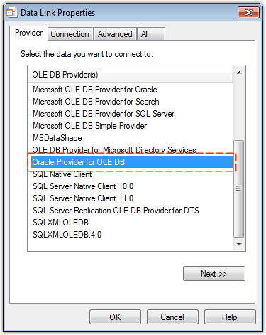 Propiedades de vínculo de datos, proveedor OLE DB